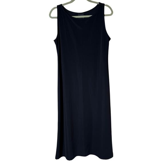 Vintage Black Modest Midi Dress SZ L Sleeveless Round Neck Travel Minimalist - Picture 2 of 6